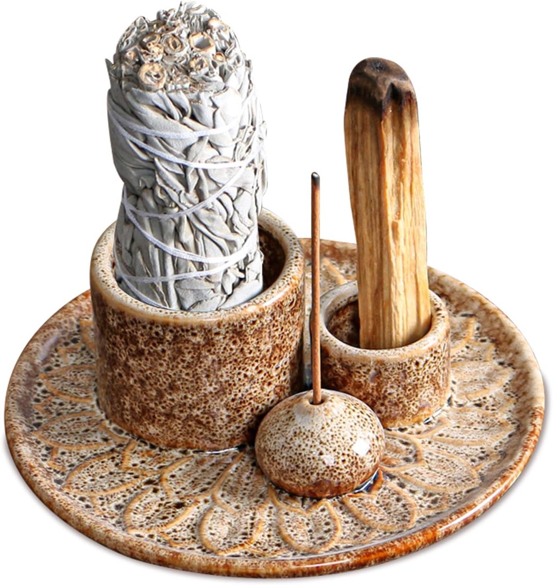 Rookbak 4 in 1 - Keramisch - Voor wierook, Palo Santo en witte salie - Ideaal voor meditatie - ShopVlot