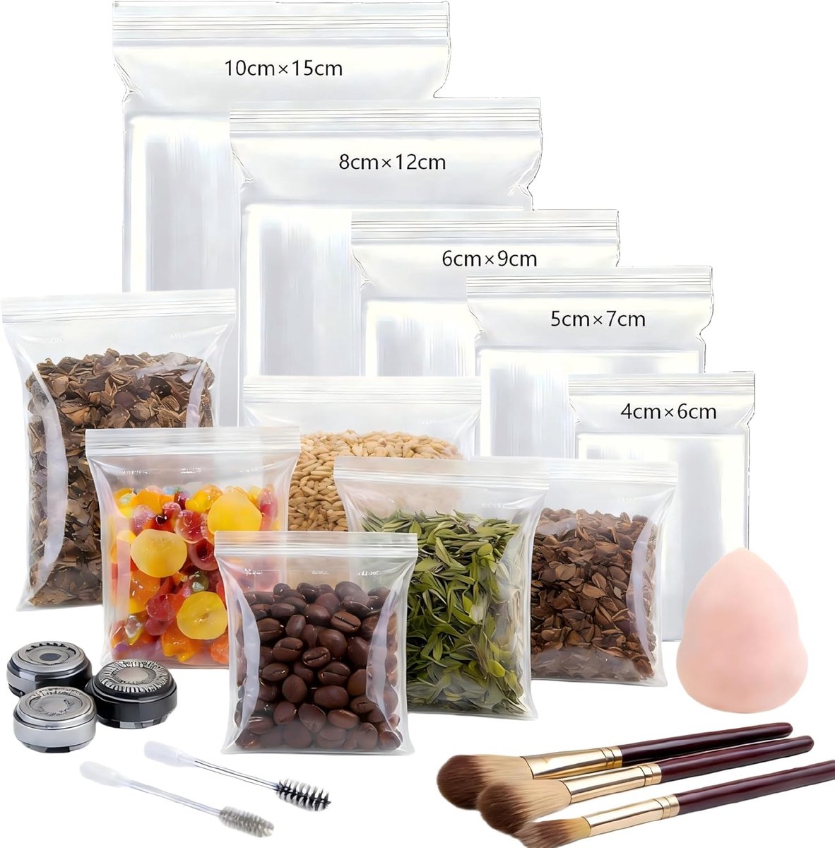 SnelShoppen - Pack van 500 hersluitbare zip zakjes, transparante plastic zakken 160μm, afsluitbare zakjes in 5 maten voor keuken, camping en hobby