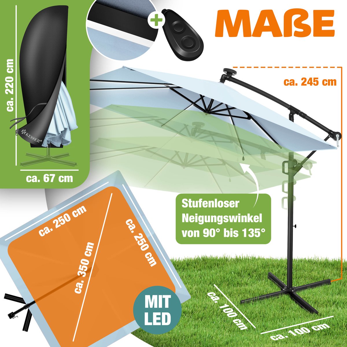 KESSER® Zweefparasol Holly – Parasol met hoes, windbescherming en zwengel – UV-bescherming, aluminium, waterafstotend – Tuinparasol Marktparasol – Lichtblauw/Zwart thumbnail 2