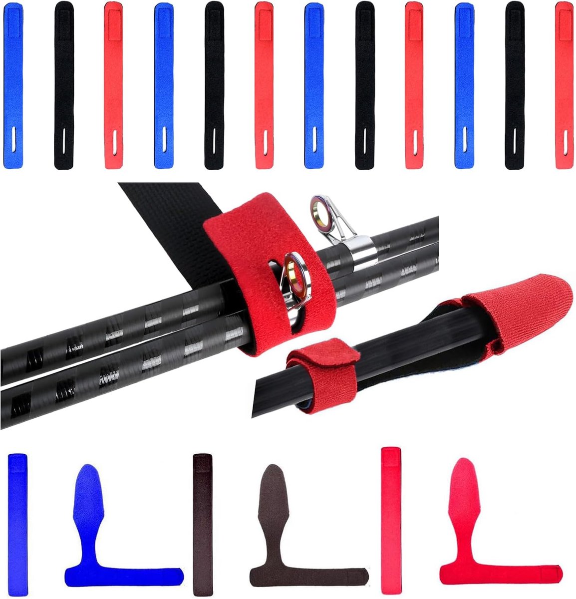SnelShoppen - 15-delige set visstok straps en 3-delige visstok puntbescherming, verstelbare elastische visstok bevestiging, anti-kras herbruikbare vis
