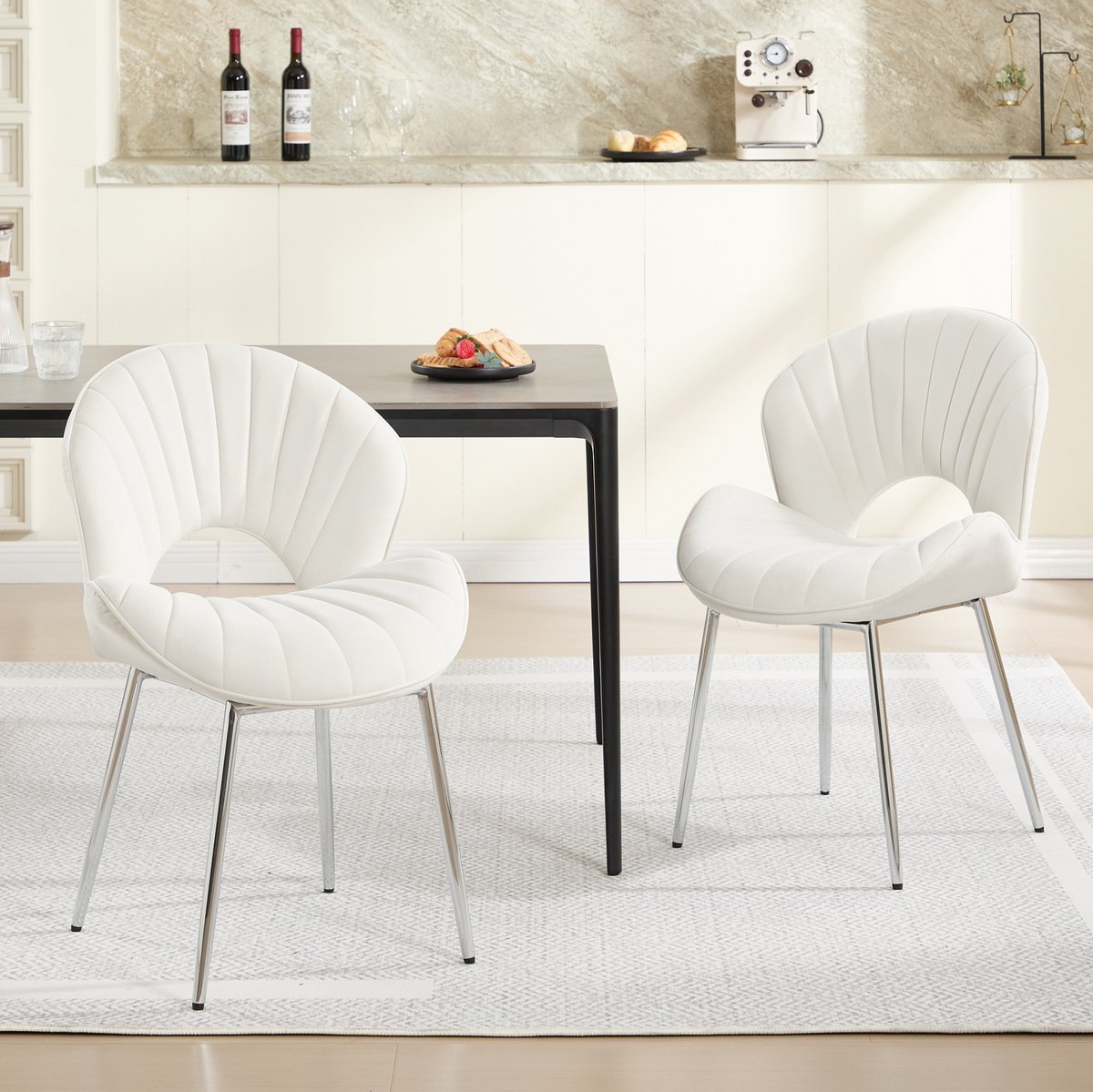 MIVRAY Eetkamerstoel 53 X 62,5 X 83 Cm - Zacht Velours Met Opengewerkte Rugleuning - Voor Eetkamer, Slaapkamer En Werkkamer - Metaal - Ivory
