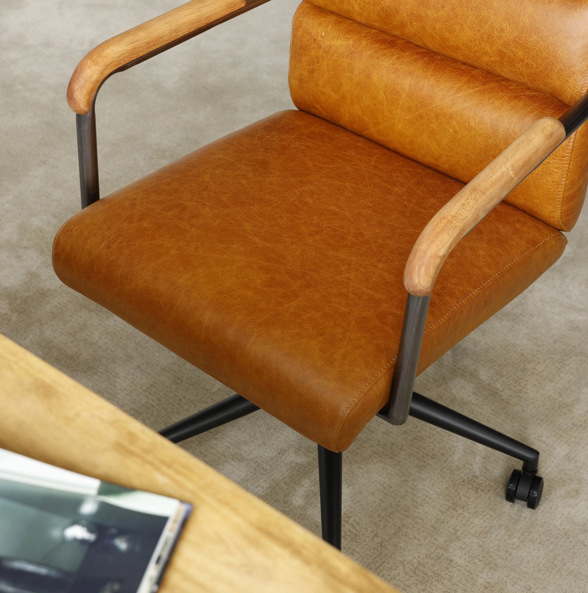 MIVRAY Bureaustoel 73 x 59 x 87 Cm - Verstelbaar In Hoogte, Draaibaar En Met Wielen - Voor Thuiswerk En Kantoor - Leer En Metaal - Bruin thumbnail 2