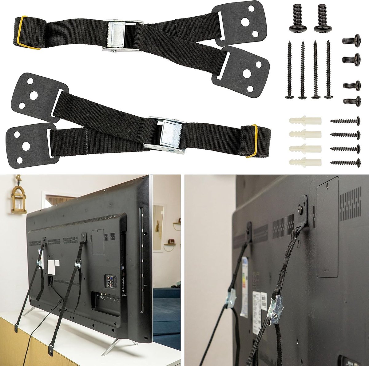 1 Set, in Zwart, voor TV, rekkenm, kasten, om te schroeven, voor kleine kinderen en huisdieren, inclusief pluggen en schroeven, anti-kantelbeveiliging voor tv, meubel, TV kantelslot