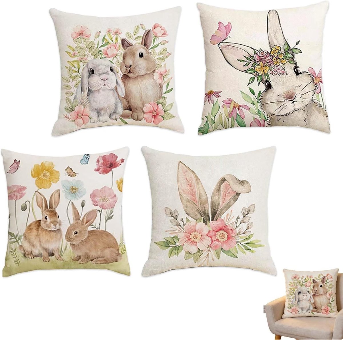 Schattige Paaskussenslopen met Konijn en Bloemen - Linnen, 45 x 45 cm, Handige Rits voor Woonkamer en Slaapkamer Decoratie