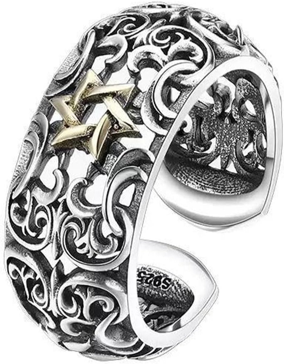 Viking Ring met Sterrenlicht Patroon houtsnijwerk, open verstelbare Retro Punk Gothic sieraden, Unisex Vintage partij verjaardagscadeau voor mannen jongens dames
