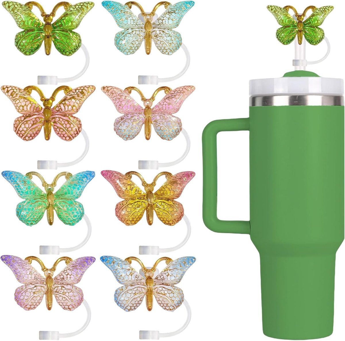 Set van 8 rietjesdopjes, glinsterende rietjesdopjes in vlindervorm, 10 mm rietjesdopjes, stofvrije rietjes, met siliconen mondstuk, herbruikbare, draagbare rietjesdopjes