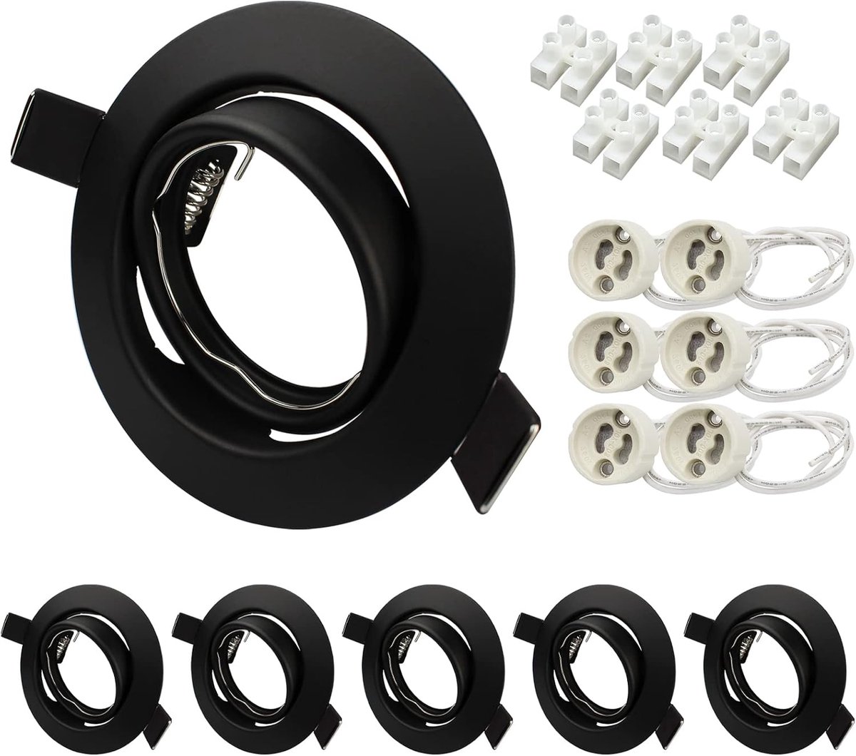 6X GU10 inbouwarmaturen voor plafond, rond, zwart metalen frame voor spotverlichting, 30° kantelbaar, verstelbare downlights met GU10-lamphouder, geen lampen