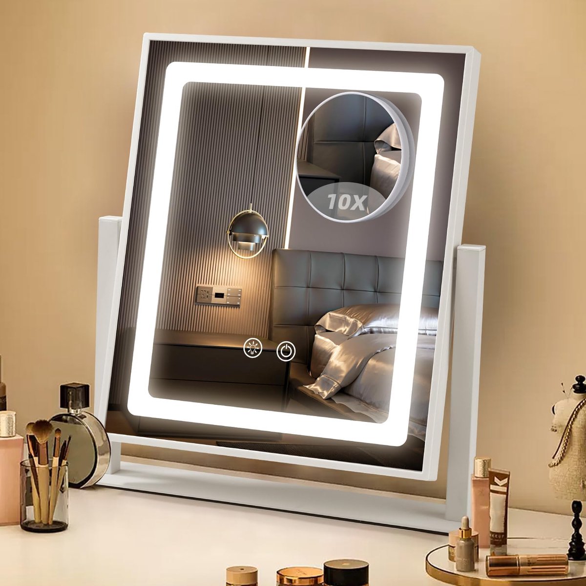 Make-upspiegel met 3 kleuren, dimbaar, vergrootglas met 10-voudige vergroting, led-touchscreen, 360 graden verstelbaar