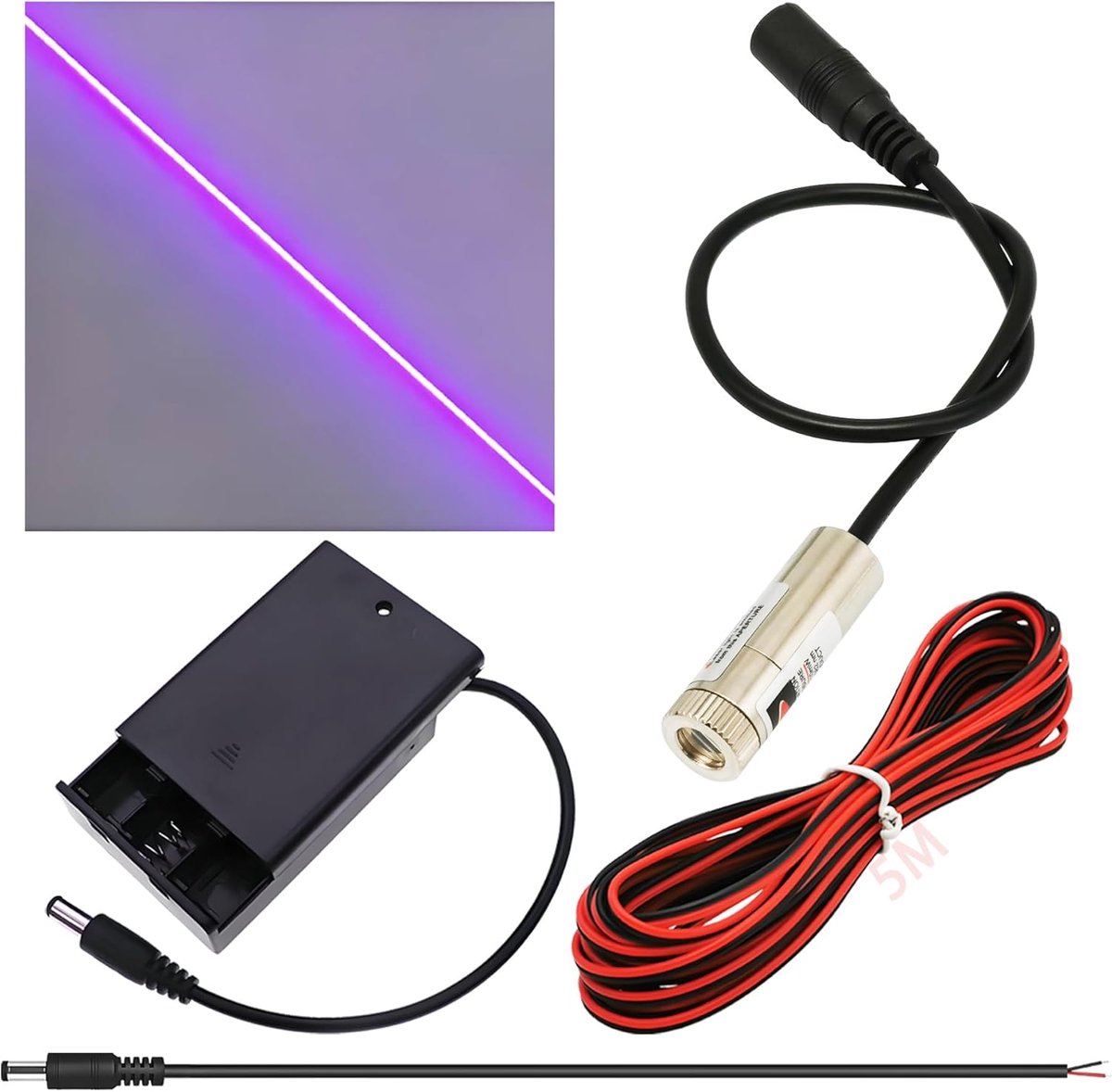 Kit de módulo láser de foco ajustable, (Forma de la fuente de luz: Línea morada) Diodo de módulo láser industrial de 405 nm, 3-5V, Conector DC de 2,1 mm + Kit de fuente de alimentación