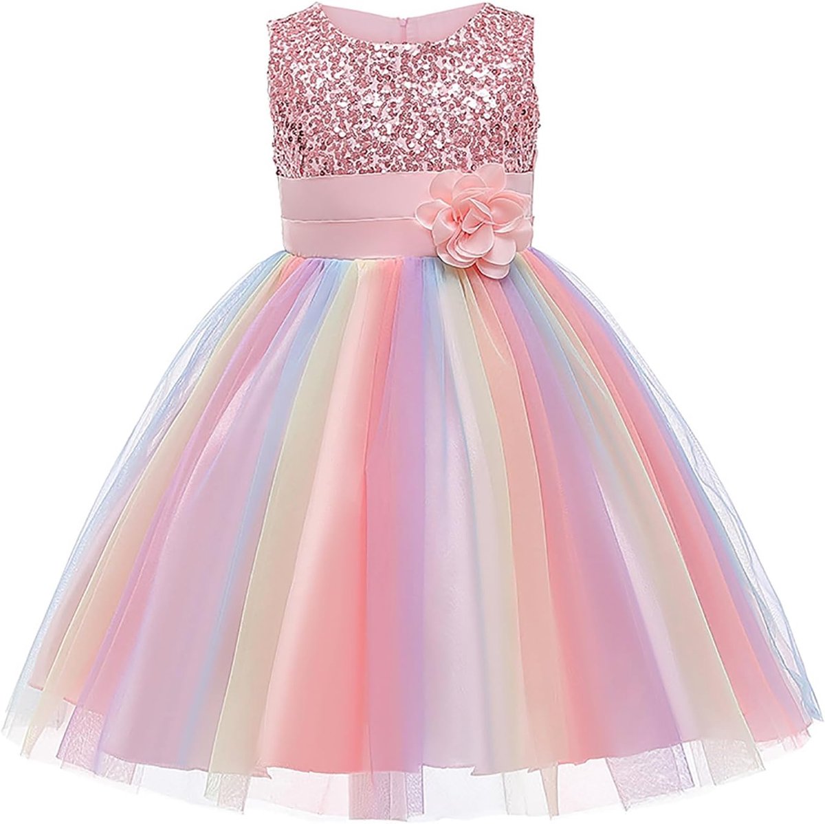 MUNCASO Prinsessenjurk voor meisjes, pailletten, tule, bloem, regenboog, ronde kraag, mouwloos, avondjurk, verjaardagsfeest, bruiloft, bruidsmeisje, kleine kinderen, baby, leeftijd van 2-13 jaar