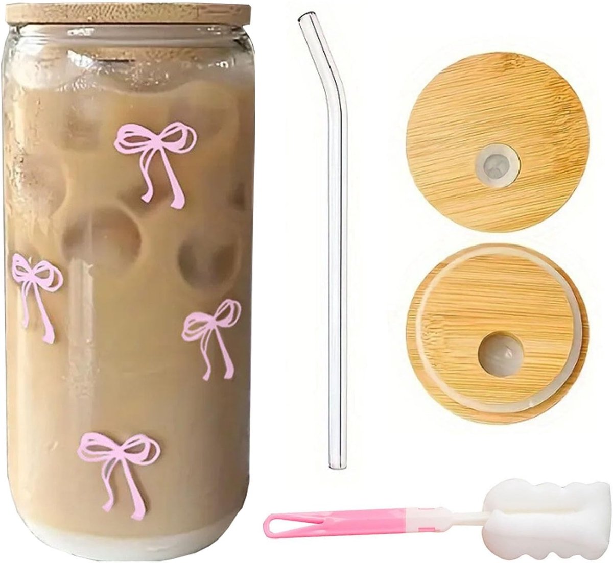Glas met deksel en rietje - 500 ml - Glazen met deksel - Met schoonmaakborstel voor mok - Bow design - Glas met deksel - Cadeau voor ijskoffie, vruchtensap en andere drankjes