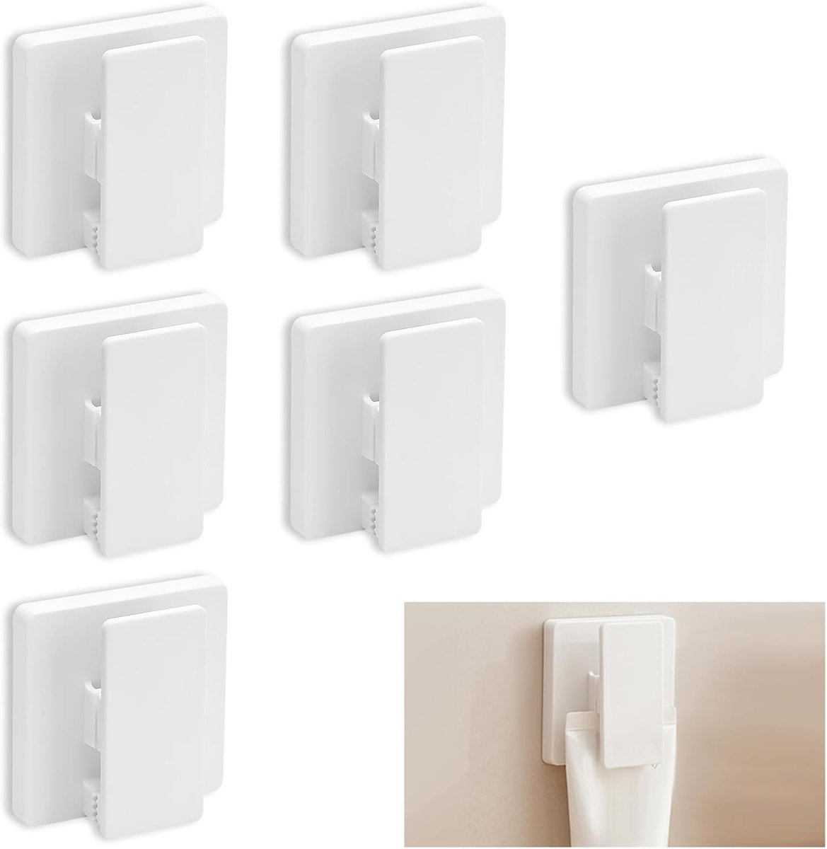 6 stuks grote zelfklevende clips voor ophanghaken zonder boren, kleverige clips antislip handdoekhouder, verwijderbare ABS verstelbare lente dekbed wandhangers voor badkamer thuis (wit)