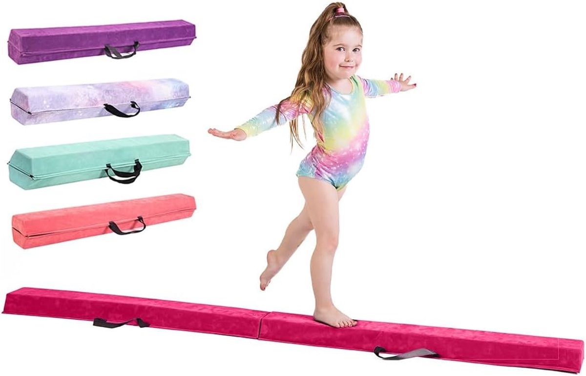 Gymnastiekbalk voor kinderen, geweldige balansapparatuur voor kinderen thuis, kunstsuède, EVA-schuim met hoge dichtheid, maten 210 cm/240 cm/270 cm, flashkaarten, draagriemen, draa