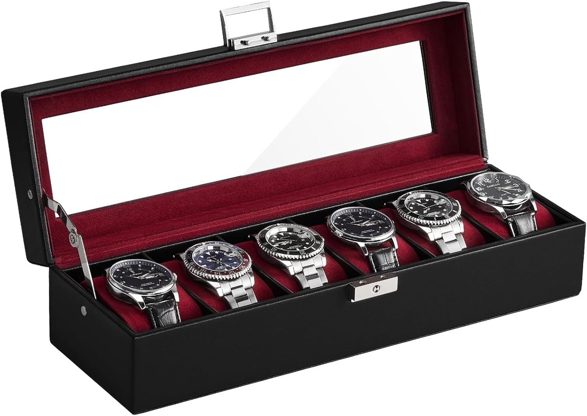 6 Slots Horloge Case Box voor Heren -Winered | PU lederen man horloge organisator, zacht kussen, afsluitbaar glas display deksel, opslag houder voor horloge collectie