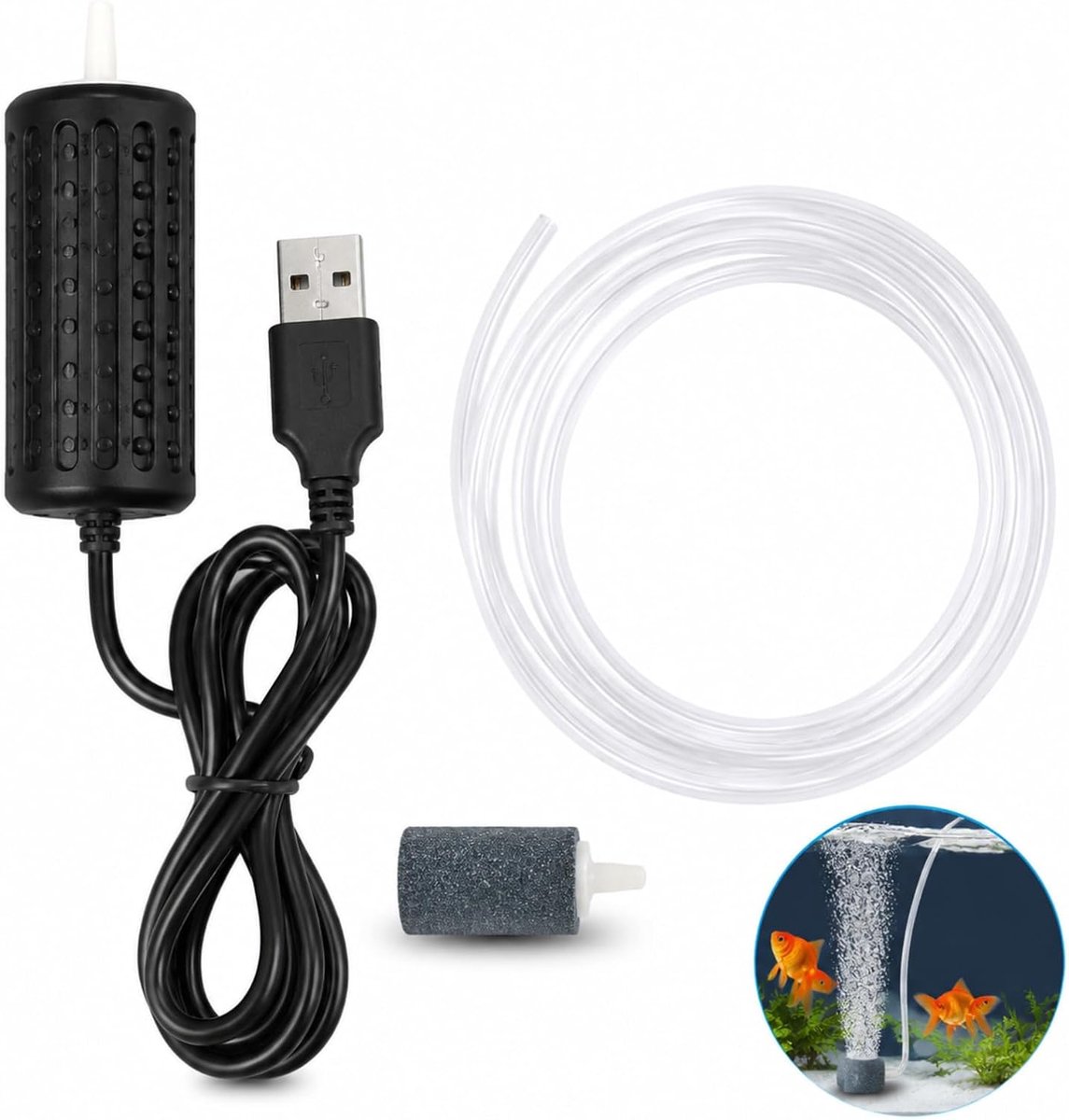 Compacte en stille USB-aquariumluchtpomp, kleine zuurstofpomp met USB-kabel, luchtsteen en siliconen slang voor aquaria, kleine vijvers, transport en outdooractiviteiten