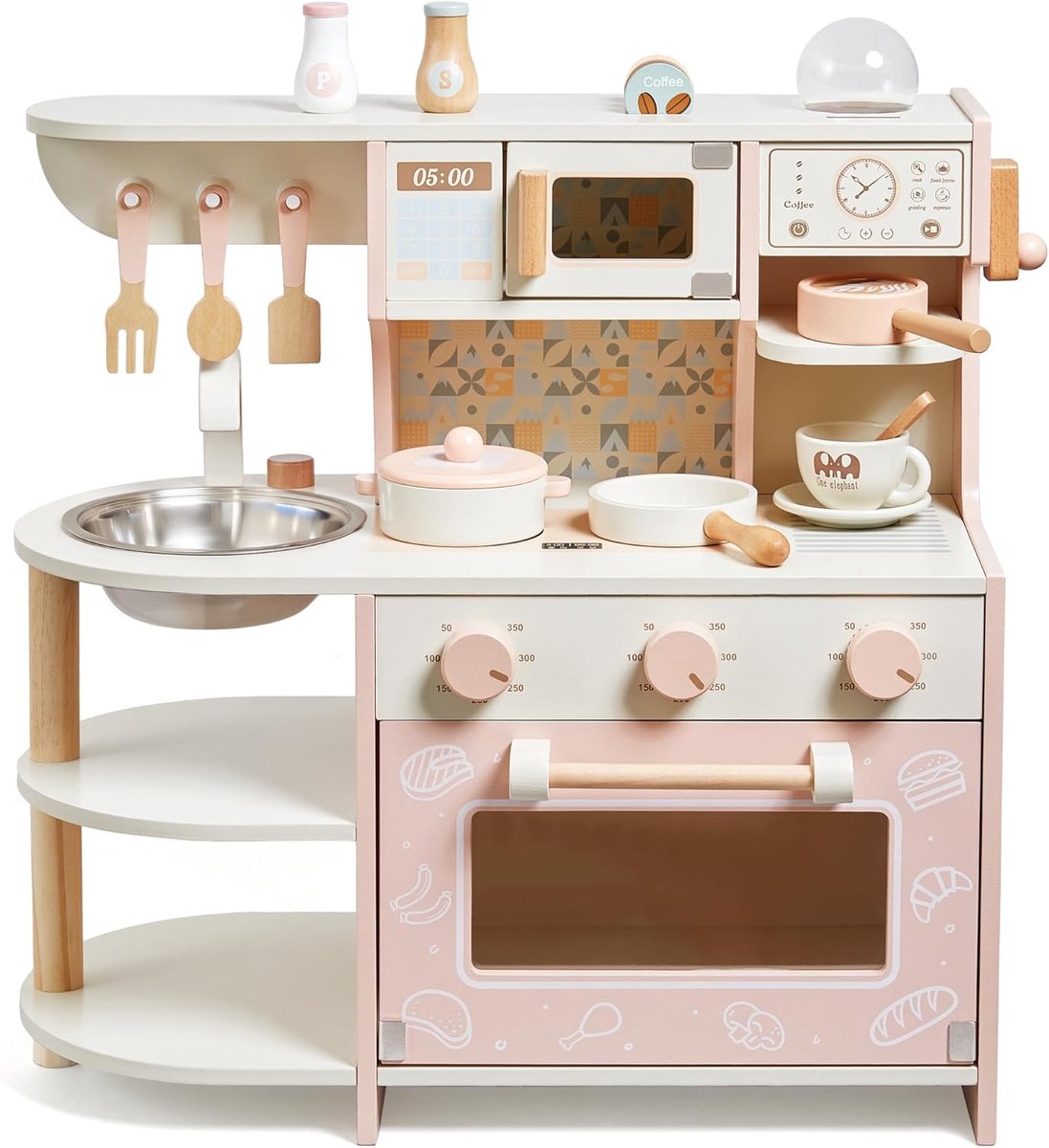 Speelkeuken voor peuters, houten speelgoed voor kinderen met koffiezetapparaat, keukenaccessoires, cadeau voor meisjes en jongens van 3, 4, 5, 6 jaar