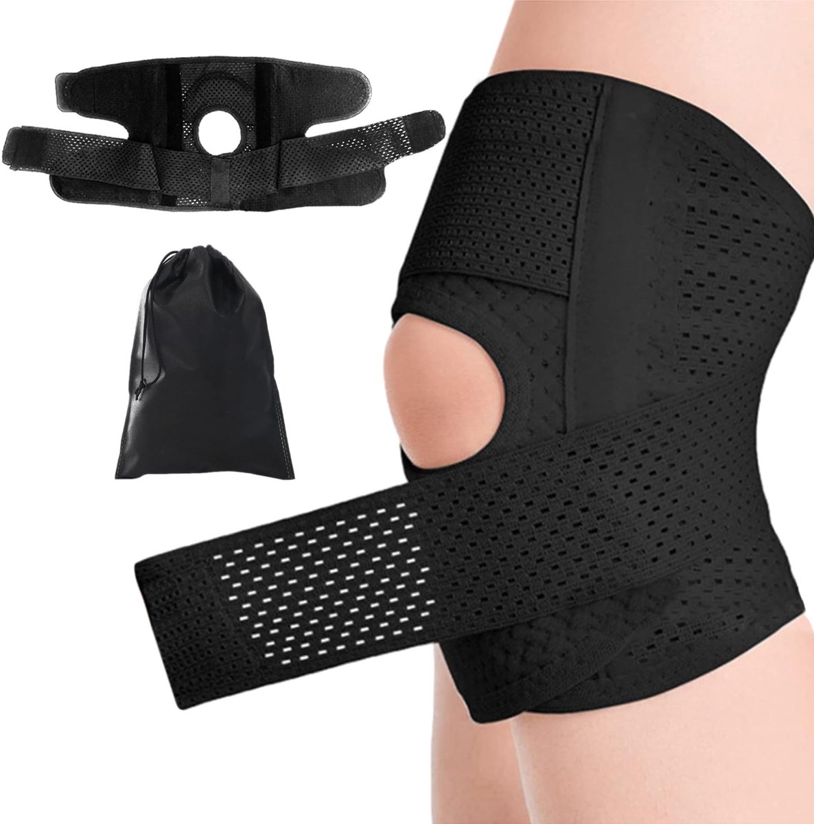 1 verstelbare kniebeschermer met 1 opbergtas, kniebandage, zachte elastische kniebeschermers, verstelbare sportkniebeschermers, orthopedische kniesteun, geschikt voor sport, fitness (zwart)