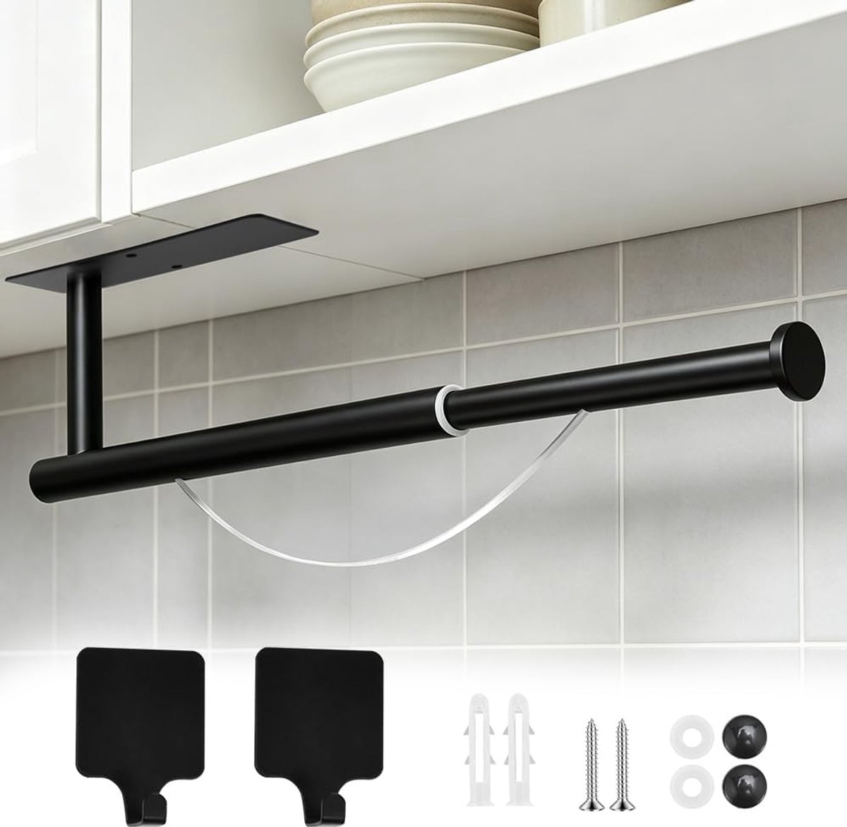 zwart, roestvrij staal, 22,7-38 cm, verstelbaar, met afrolrem, zelfklevend of schroefmontage, papierrolhouder, wandrolhouder voor keuken, badkamer