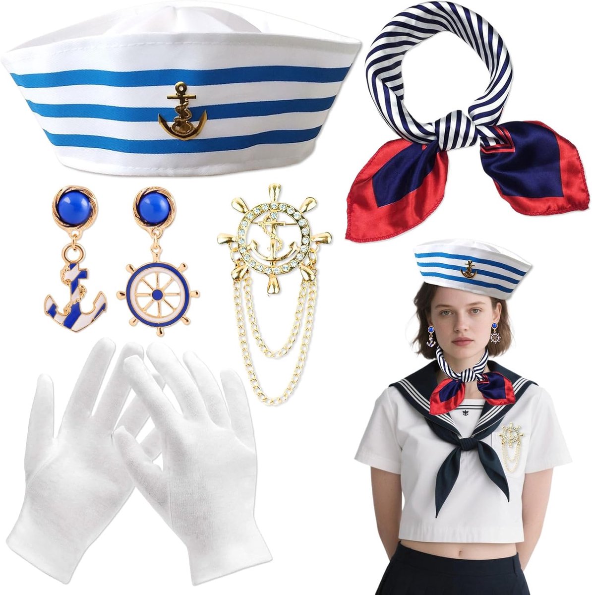 Water Sailor Outfit Set - Compleet en Accuraat Water Sailor Kostuum voor Volwassenen en Tieners - Inclusief Hoed, Sjaal, Ankerbadge, Oorbellen en Witte Handschoenen - Universele