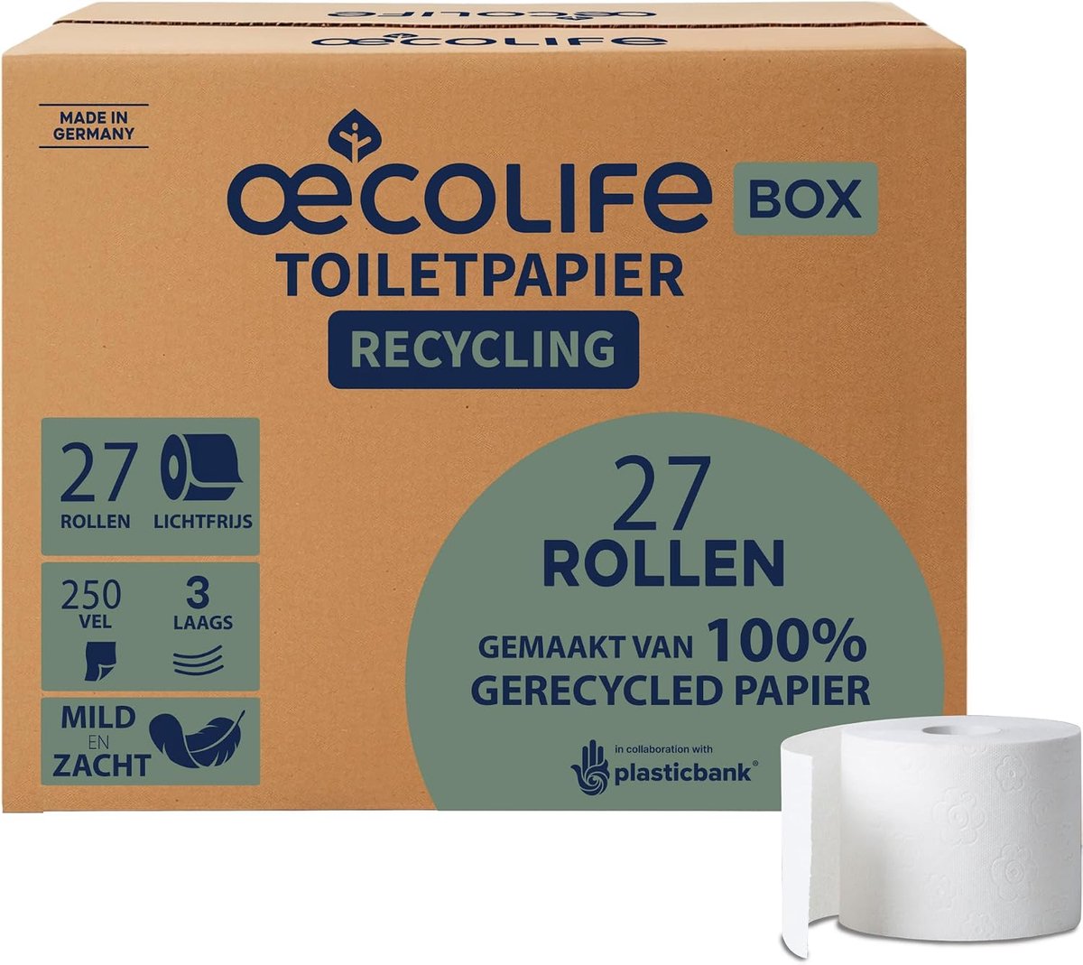 SnelShoppen - Recycled Toiletpapier 3-laags 27 Rollen 250 Vellen Super Zacht Plastic Vrij Verpakking Vegan Duurzaam Toiletpapier