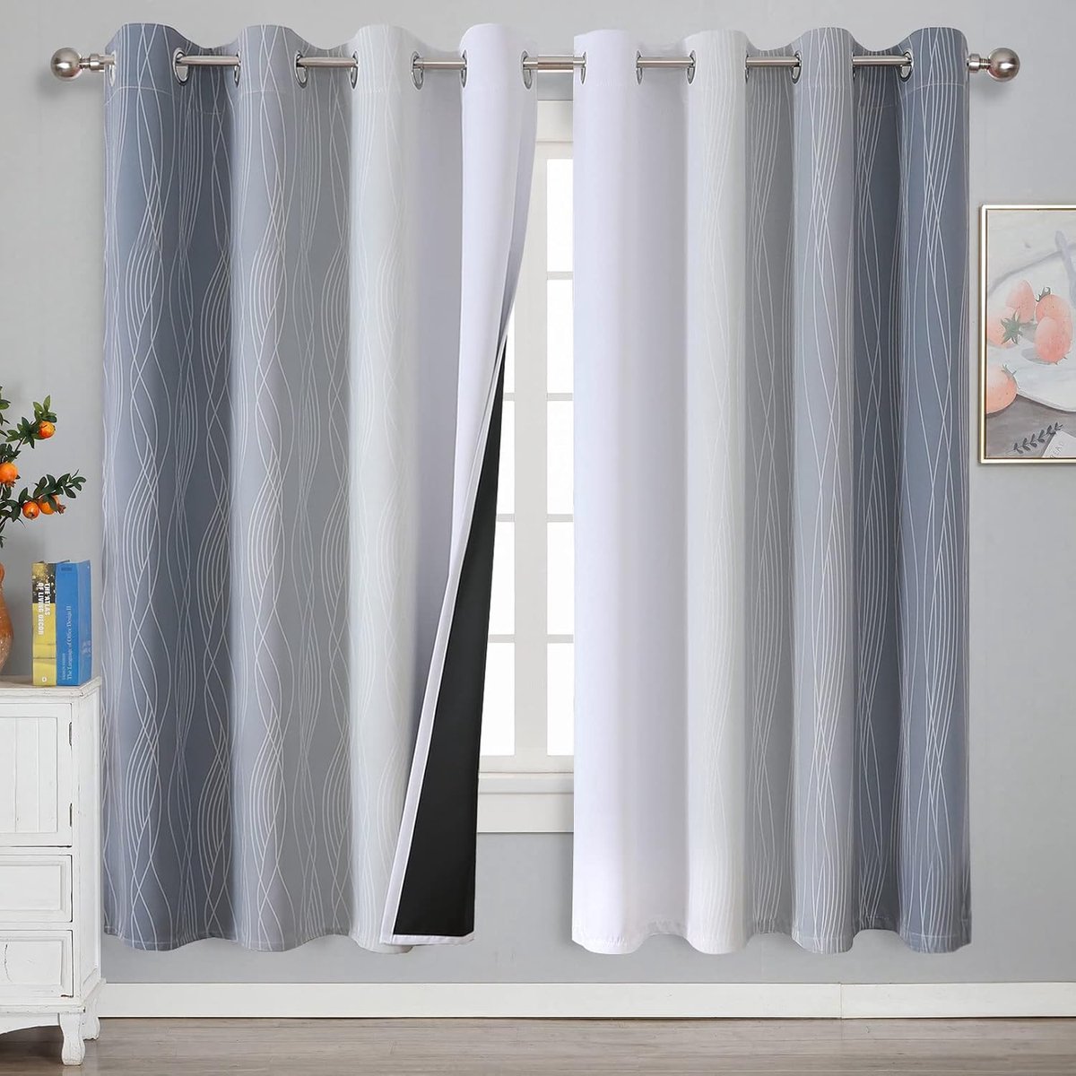 ombre kleurverloop, verduisterende gordijnen voor kinderkamer, gordijnen met ringen, ringgordijn verduisterend thermisch koude- en hittebescherming, H 183 x B 132 cm, set van 2, grijs en wit