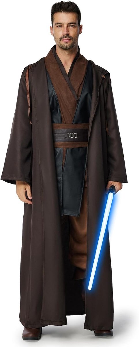 Jedi-kostuum voor heren, middeleeuwse Jedi-jurk voor heren, Jedi-kostuum met capuchon voor heren met blauw laserzwaard, cape en middeleeuwse tuniek voor Halloween, carnaval
