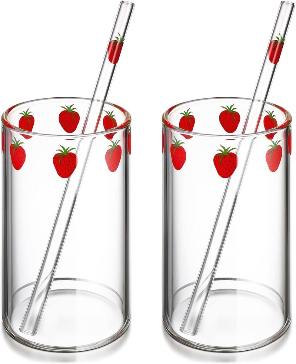 Set van 2 glazen aardbeibekers, 300 ml, schattige glazen, transparante waterbeker met, aardbeien-drinkglazen voor sap, water, melk, koffie, thee