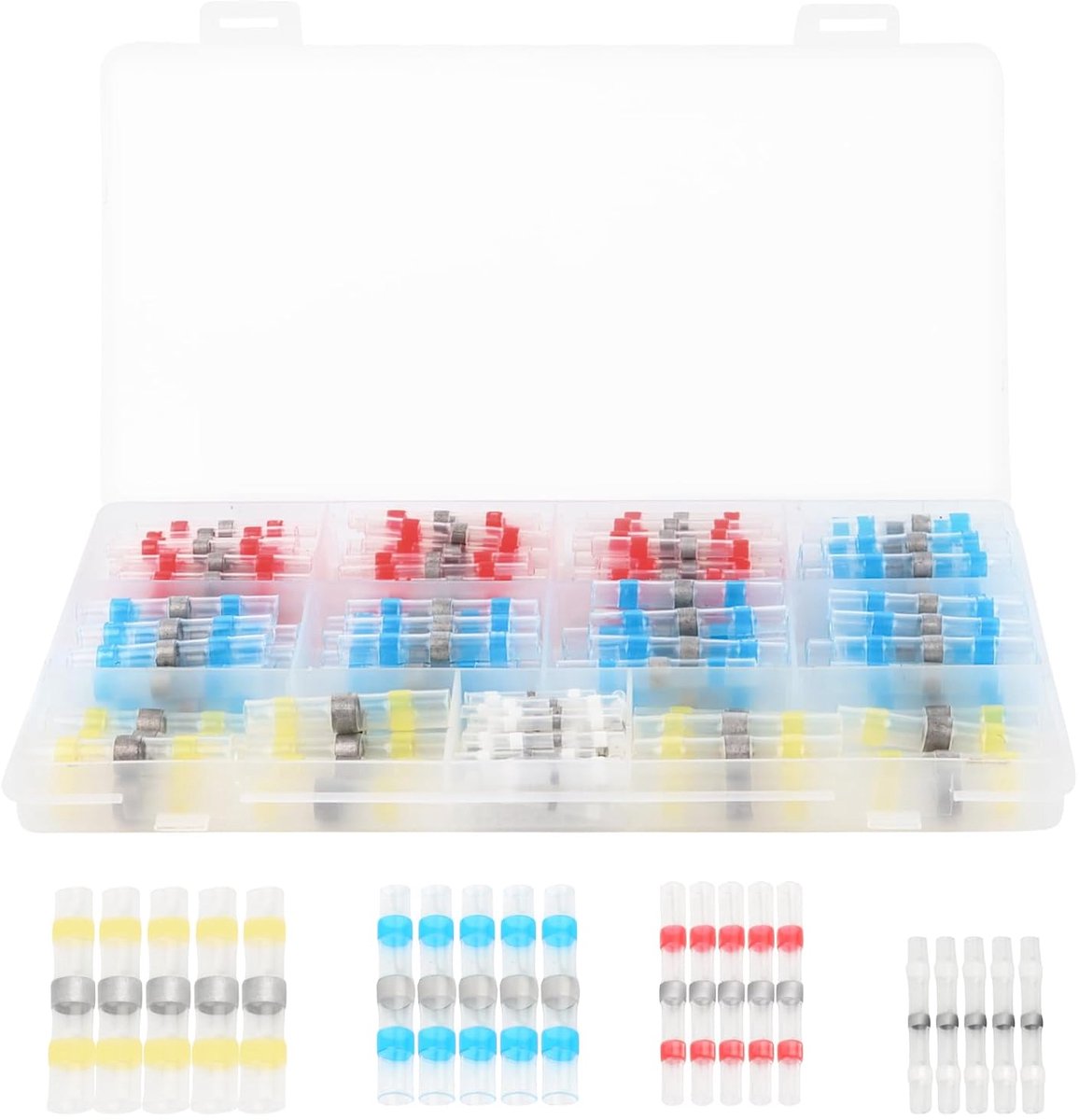 krimpverbinders, 200 stuks auto-kabelverbinders, stootverbinders, kabelkrimpverbinders, krimpkous met soldeertin, 4 maten, 26-10 AWG, voor auto's, marine, boot (wit rood blauw geel)