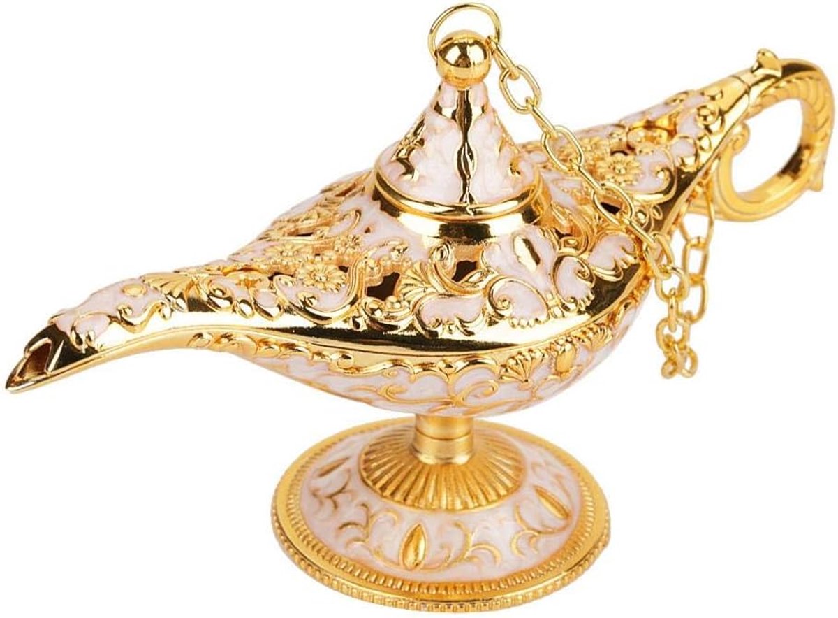 Aladdin Lamp, Metal Gesculpteerd Hollow Legend Lamp Hollow Aladdin Magic Genie Light Wens Pot Decor (Phnom Penh Wit)