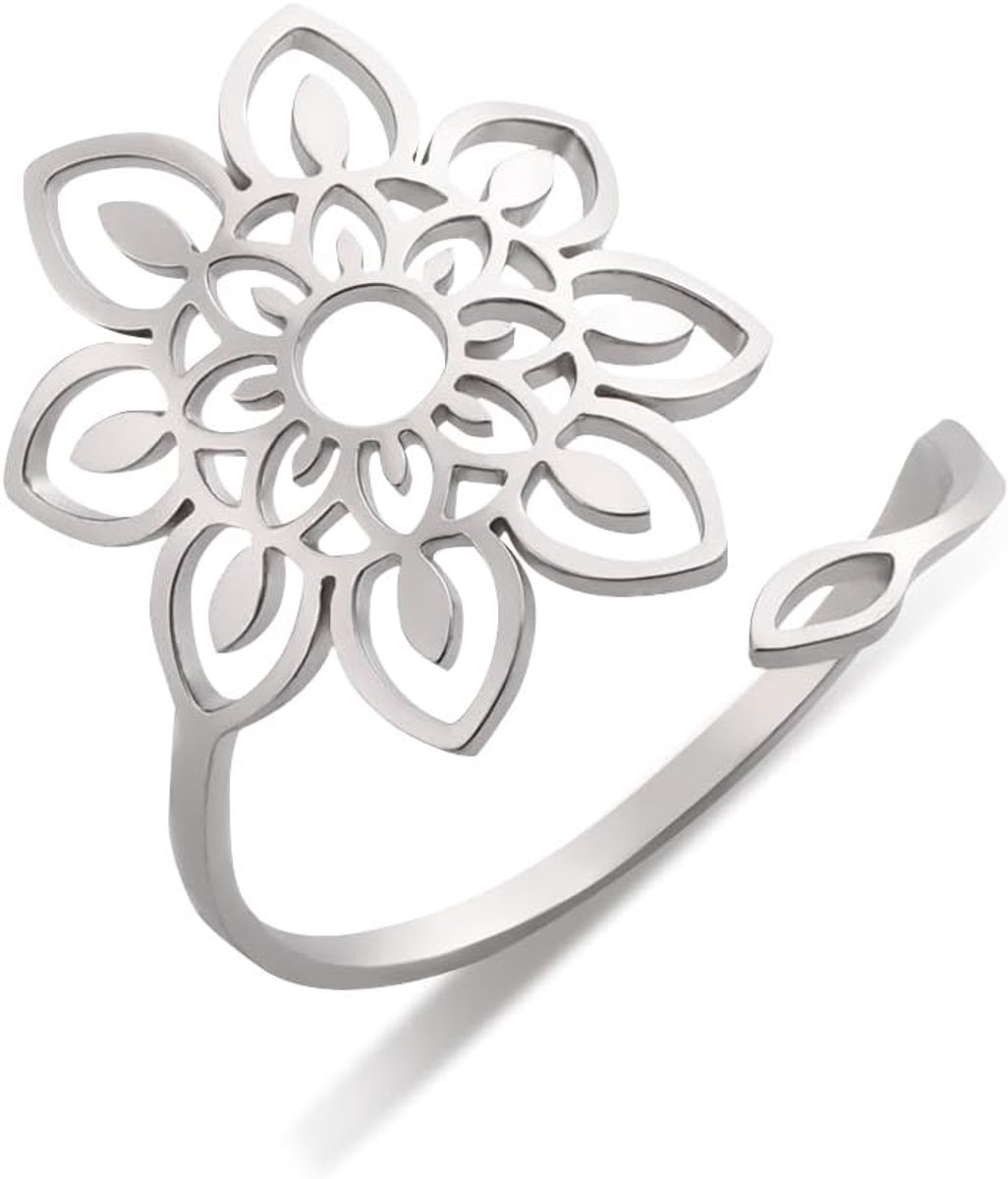 kkjoy Lotus Bloem Yoga Ring Rvs Lotus Verstelbare Open Vinger Ringen Inspirerende Sieraden Gift voor Vrouwen Tieners Meisjes
