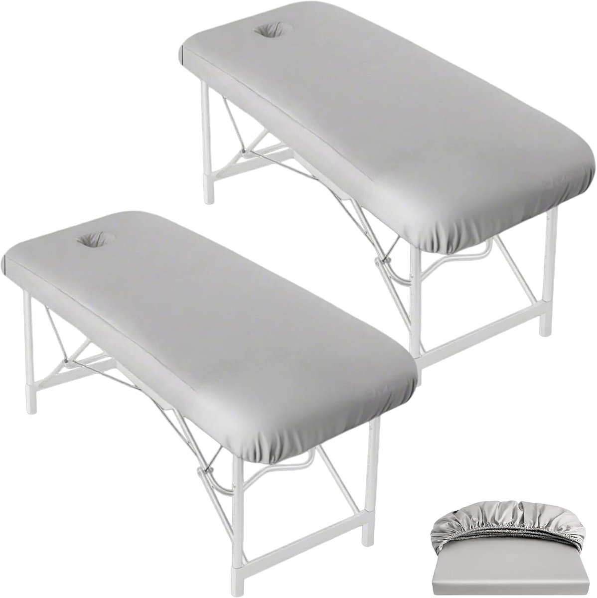 2 stuks spanhoes voor massagestoel met gat 70 x 190 x 12 cm, wasbaar, ademend, elastische hoes voor massagestoel met gezichtsgat voor cosmetica-ligstoel, spa-therapie, grijs