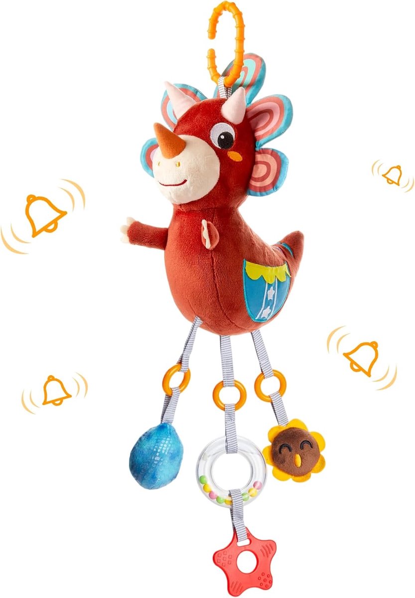 KIDS Babywagen speelgoed vanaf 0 2 3 4 6 8 9 12 maanden, dinosaurus speelboog hanger grijpspeelgoed babyspeelgoed met rammelaar en bijtende lijm, pluche hangspeelgoed meisjes jongens