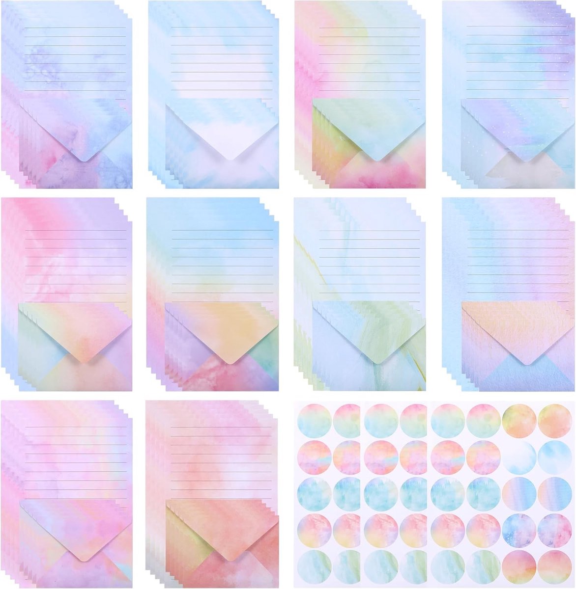 Briefpapier en Enveloppen Set met 160 Stuks in 10 Kleuren Aquareldesign