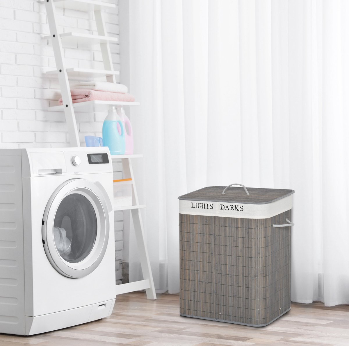 COVREO Wasmand 52x32x63 cm grijs, bamboe met deksel en 2 vakken