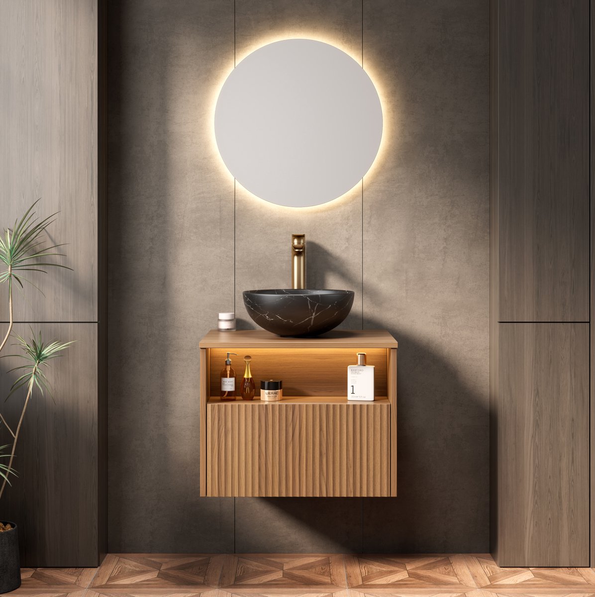 REDOM - Badkamermeubel met wastafel - Zwevend ontwerp - Inclusief lade en open plank - Sensor LED-verlichting - Moderne stijl - Badkamer - Multiplex en keramiek - Zwart - Bruin Eiken - 60 x 46 x 60,8 cm