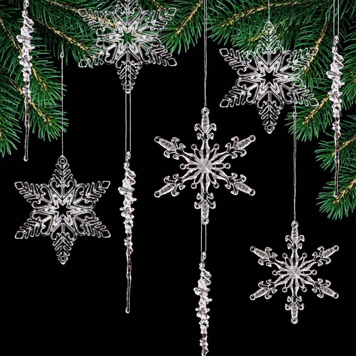 Kerstboomdecoratie set 24-delig - acryl sneeuwvlokken en icicles - ideaal voor kerstversiering - ShopVlot