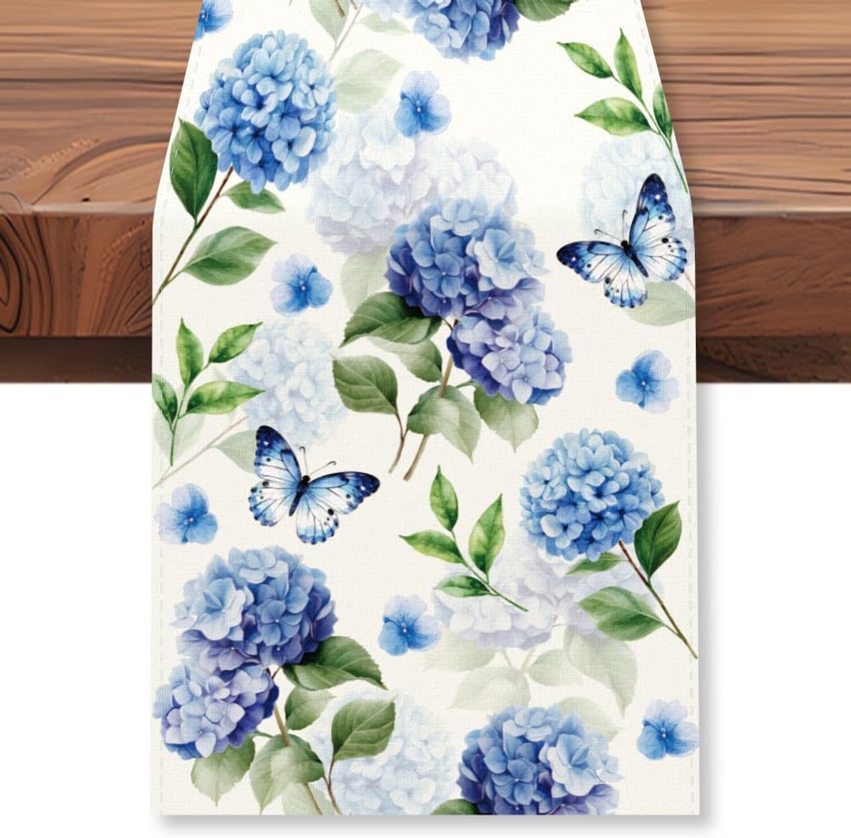 Tafelloper 182 x 30cm - Blauw bloemen - Hydrangea en vlinder design - Perfect voor feestelijke gelegenheden - SnelShoppen