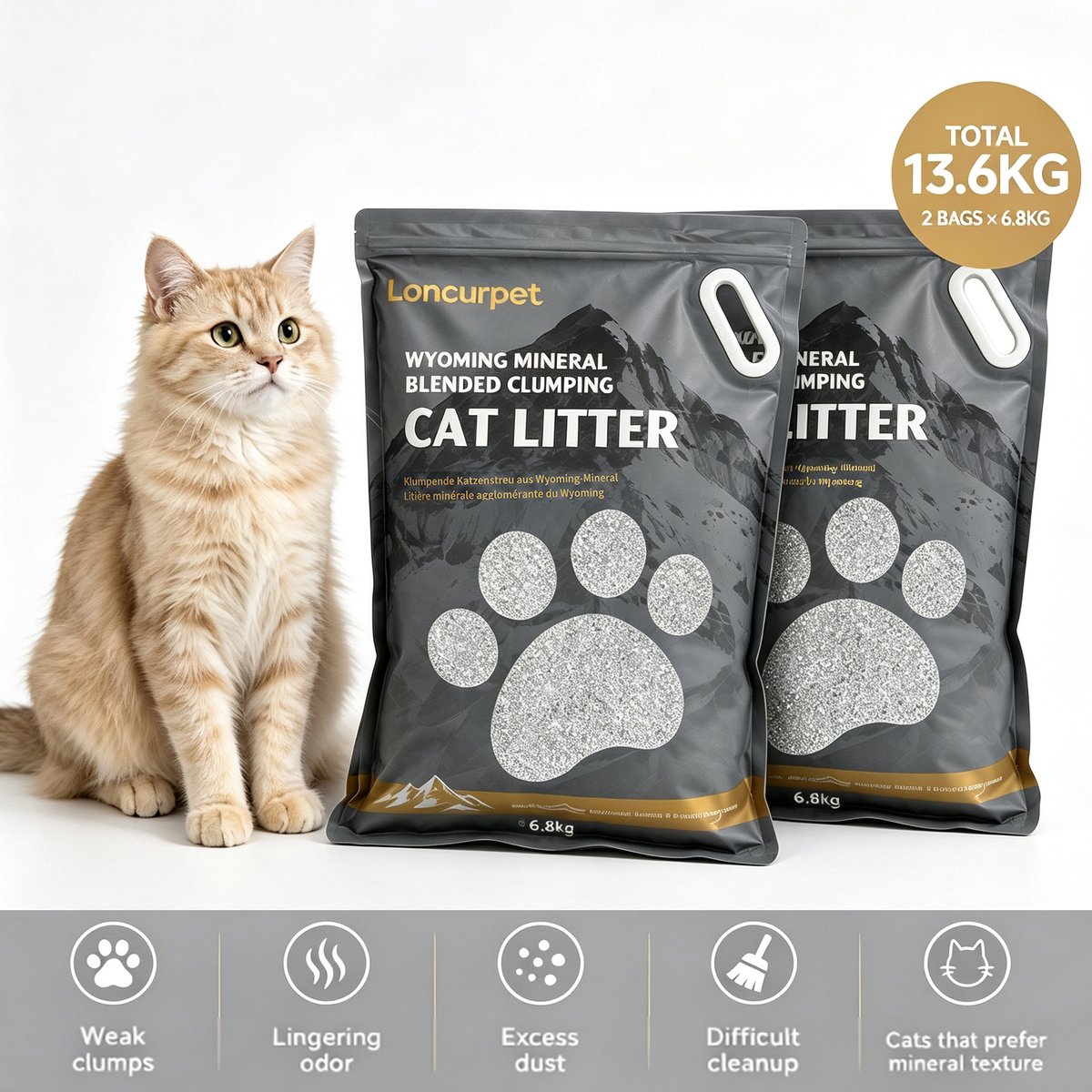 Loncurpet - Kattenbakvulling - 2 x 6,8kg - Wyoming Natrium Bentoniet Klei +Cassava - Premium Klontvormend - Plakt Niet aan de Bodem - 100% Stofvrij - Natuurlijke Geurneutralisatie
