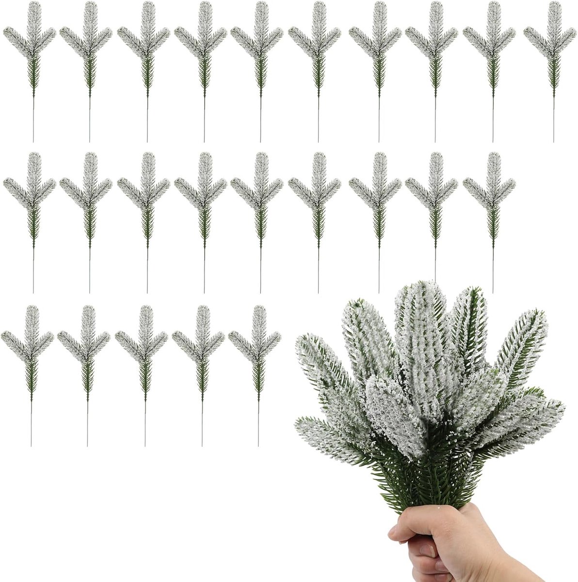 DINGFDENG 24 Artificial Fir Branches with Snow Effect, Realistic Winter Decoration for Christmas, Snow Wreath - ShopVlot