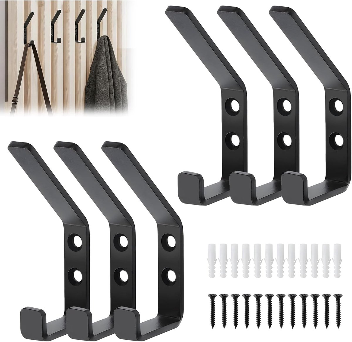 SnelShoppen - Set van 6 Acoustic Panel Kledinghaken, Zwarte Garderobe Haken met Schroeven en Pluggen, Duurzaam en Robuust Staal, 10 kg Draagcapaciteit