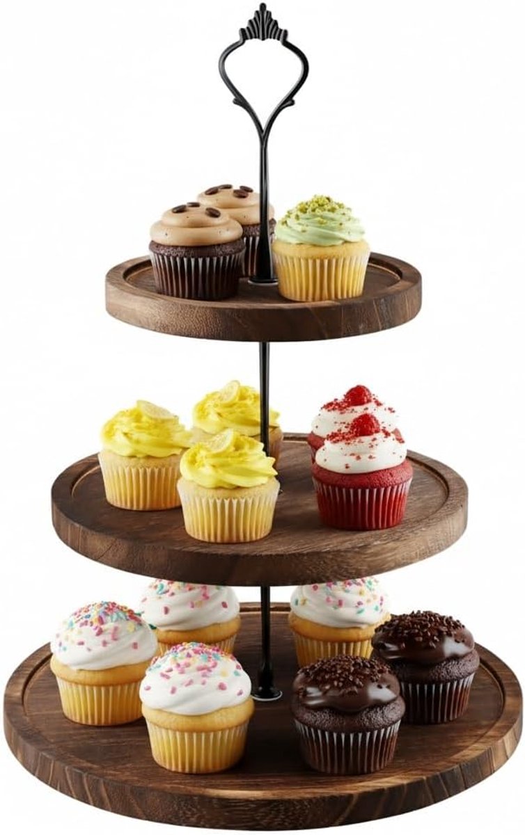 Taartstandaard 3 niveaus - ronde cupcakes standaard - houten met metalen handvat - ideaal voor feesten - ShopVlot