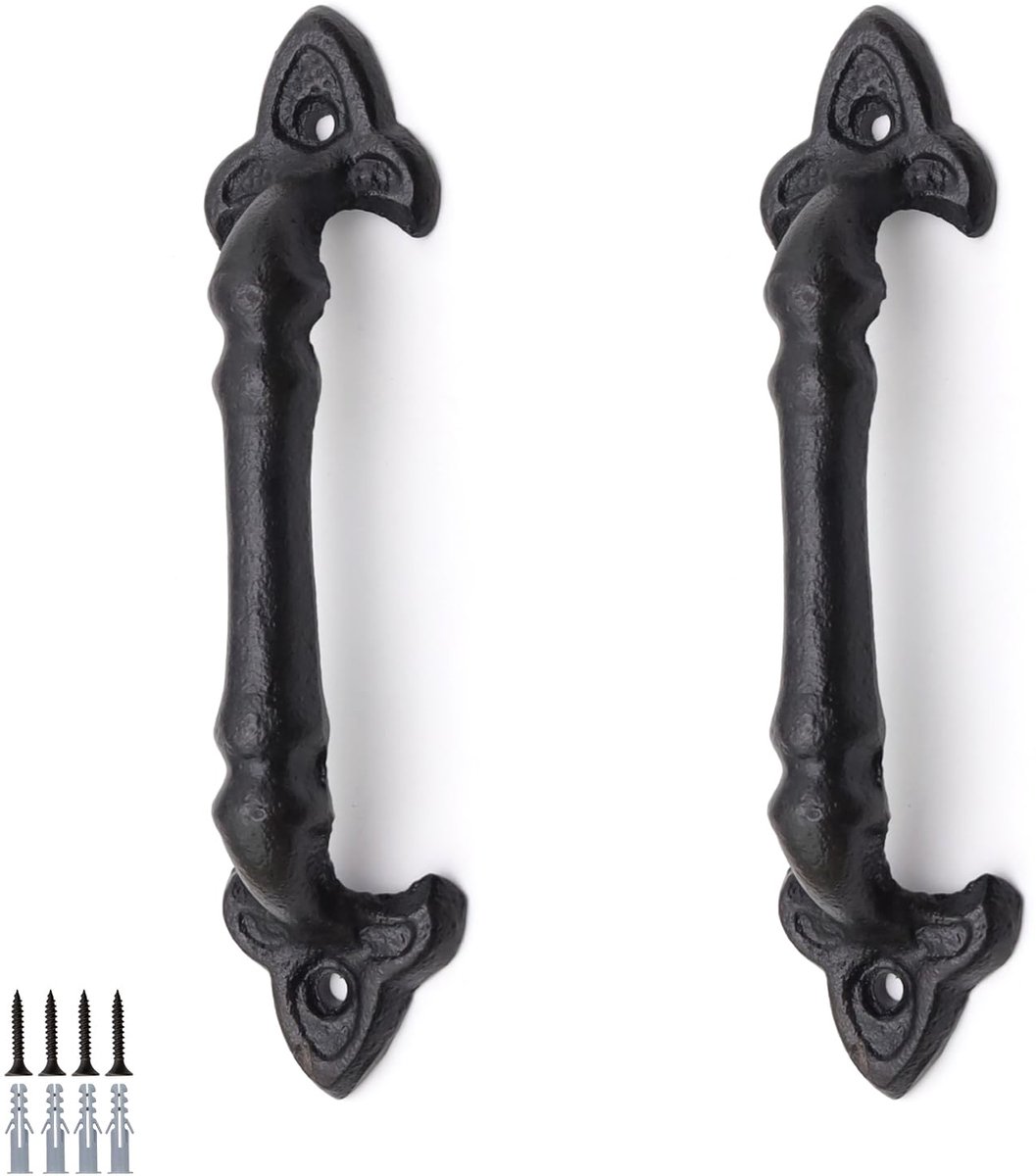 SnelShoppen - Set van 2 Robuuste Gietijzeren Deurgrepen, Zwarte Gietijzeren Schuifdeurgrepen, 18,5 cm Lang, Perfect voor Schuifdeuren, Garages, Kasten