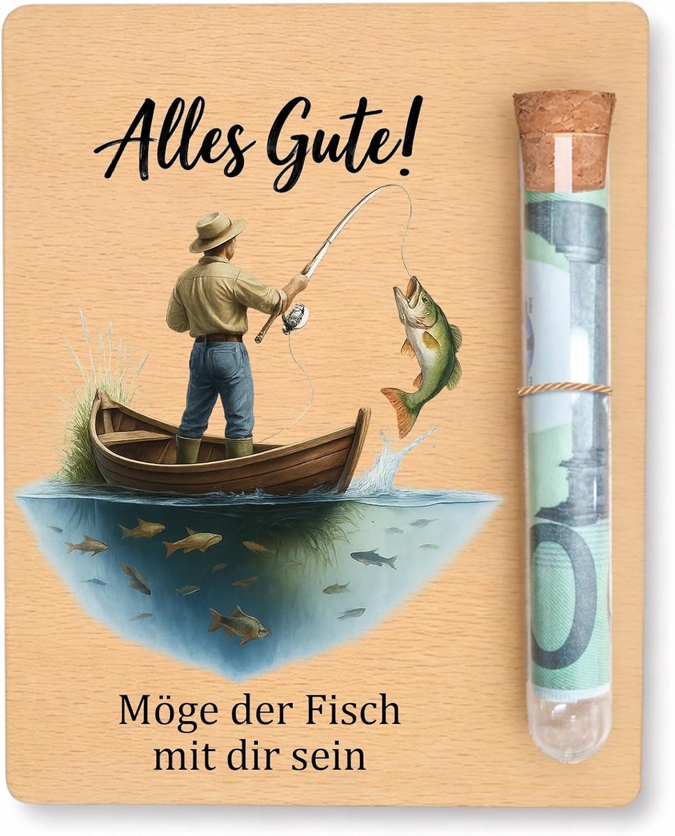Geldcadeau voor vissers van hout met reageerbuis en henneptouw, grappig cadeau voor vissers, mannen en vrouwen - ShopVlot