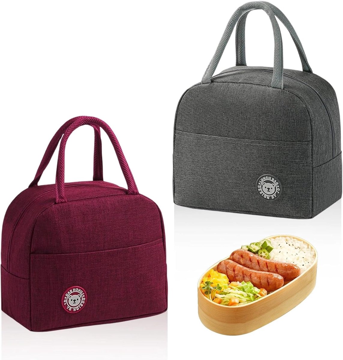 SnelShoppen - Pack van 2 geïsoleerde lunchtassen, opvouwbare thermische tas, kleine draagbare lunchtrommel, grijs en bordeaux, koel tas voor kantoor,