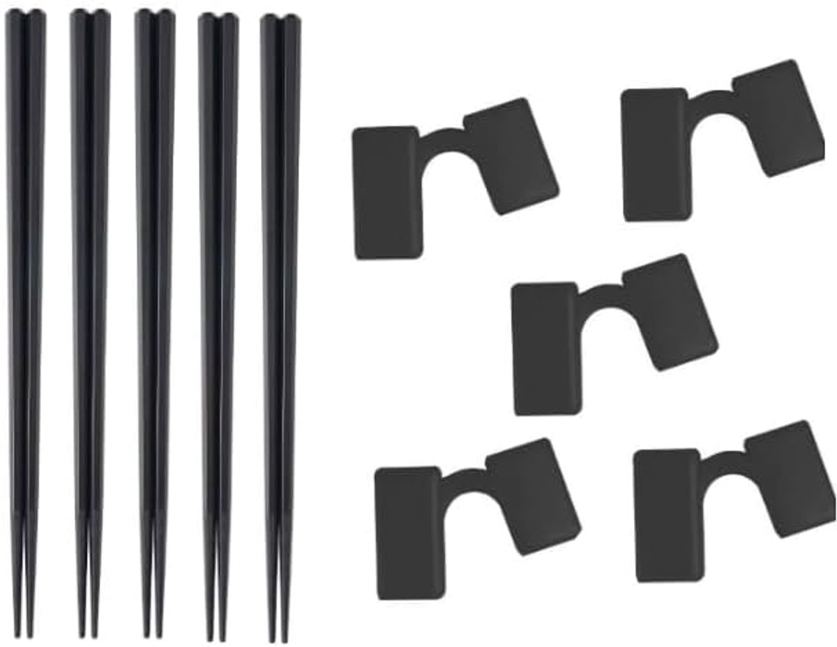 Set van 5 eetstokjes zwart - fiberglass - met stickhouder - herbruikbaar voor Aziatisch eten - ShopVlot