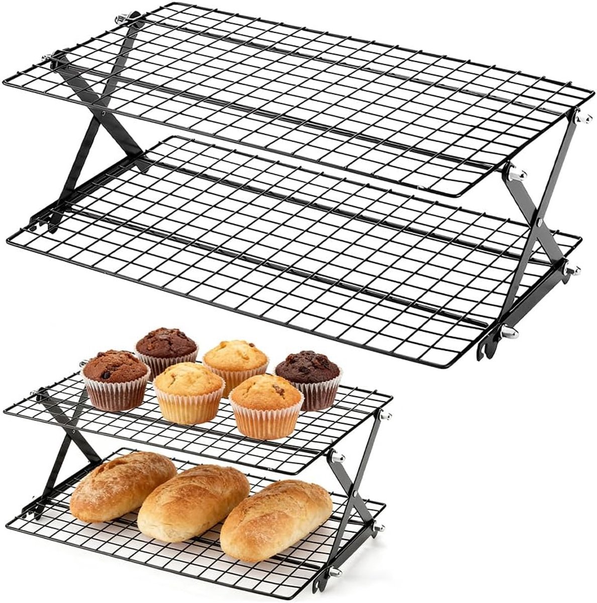 SnelShoppen - 2-Laags Opvouwbaar Koelrek 43.5×25cm, Duurzaam Metaal Koelrek voor Bakken, Roosteren & Grillen, Ruimtebesparende Keuken Accessoires voor