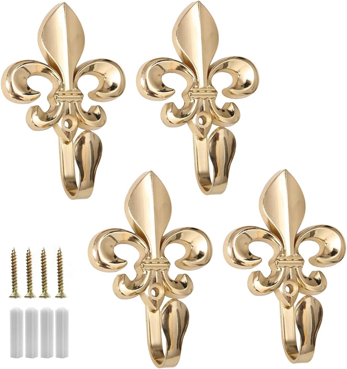 SnelShoppen - Set van 4 Vintage Kledinghaken Goud Decoratieve Wandhaken Retro Kledinghaken Goud Messing Haken Wandbevestiging voor Keuken Woonkamer Ja