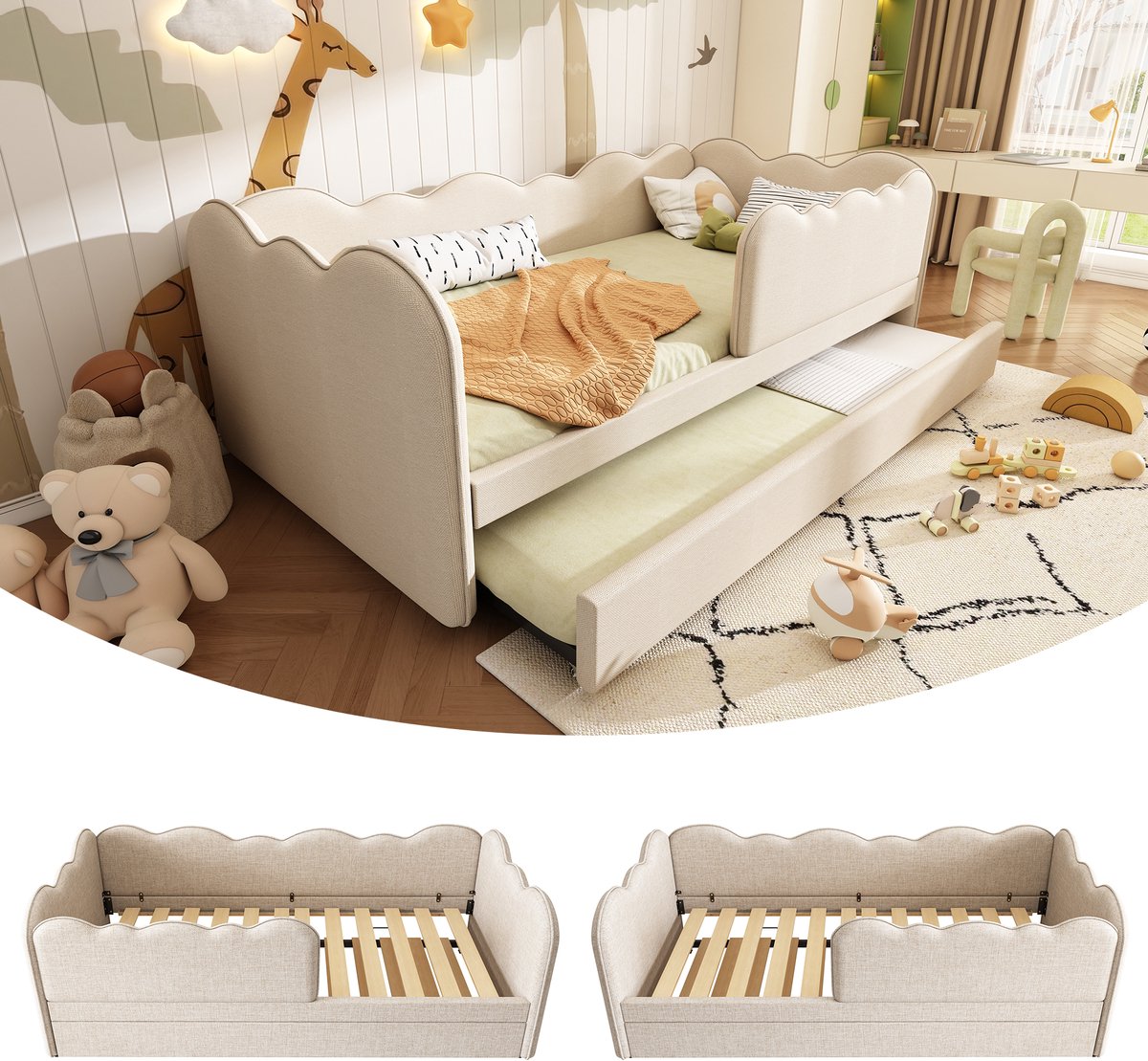 Dagbed met uitschuifbed 90x190 cm - 2-in-1 slaapbank voor compacte ruimtes - Beige - L-vormig wolkendesign - Uitschuifbed met remwielen - Inclusief lattenbodem