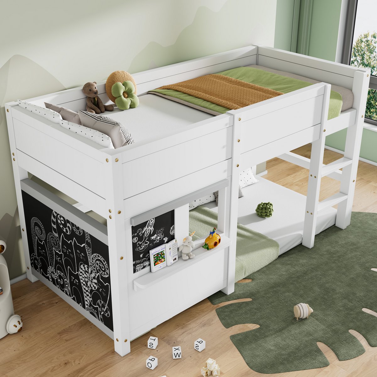 Huisbed met 2 krijtborden en opbergplank - 90x200 cm eenpersoons - Wit - Veilige omheining en trap - Scandinavisch design - Massief grenenhout - Geschikt voor kinderkamer
