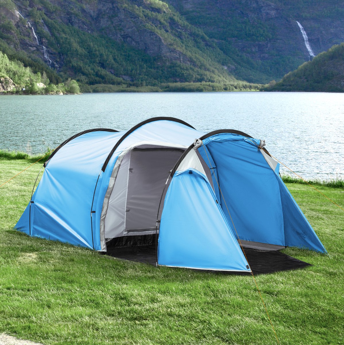 Tunnelzelt 2-3 Personen - 426 x 206 x 154 cm - Polyester - Lichtblauw - Met Voorruimte En 2 Deuren